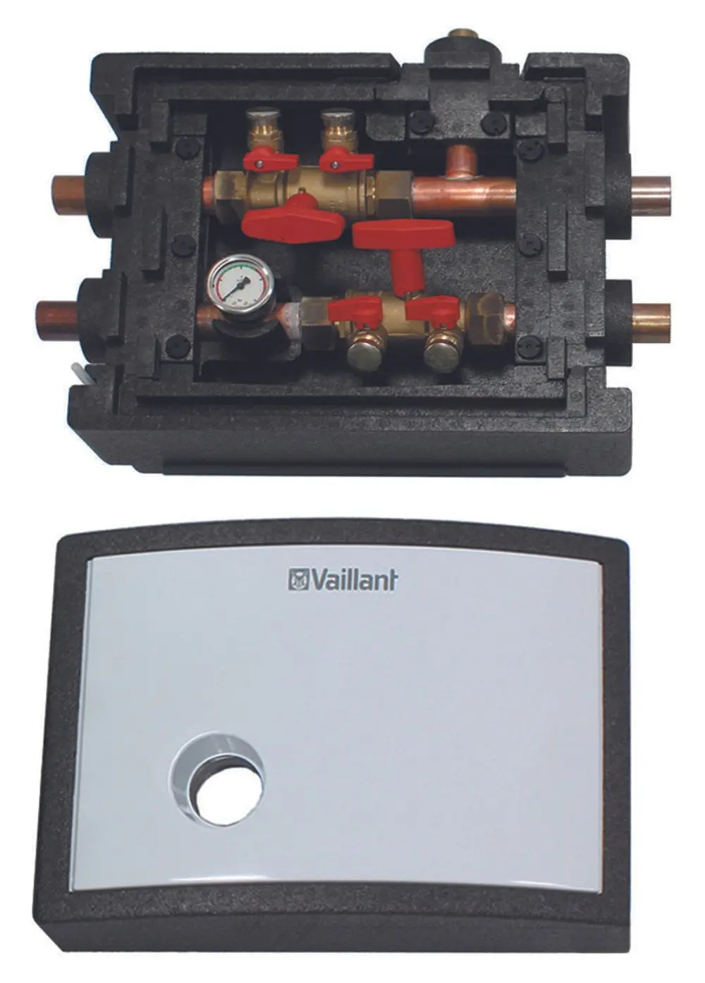 Vaillant Wärmepumpenbefüllstation mit mehreren Ventilen, Druckmanometer und einer Steuerungseinheit zur Regelung des Befüllprozesses.
